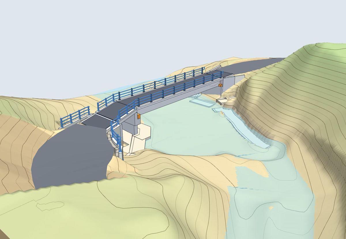 Modelo 3D del puente Guarataro con su acceso esviado